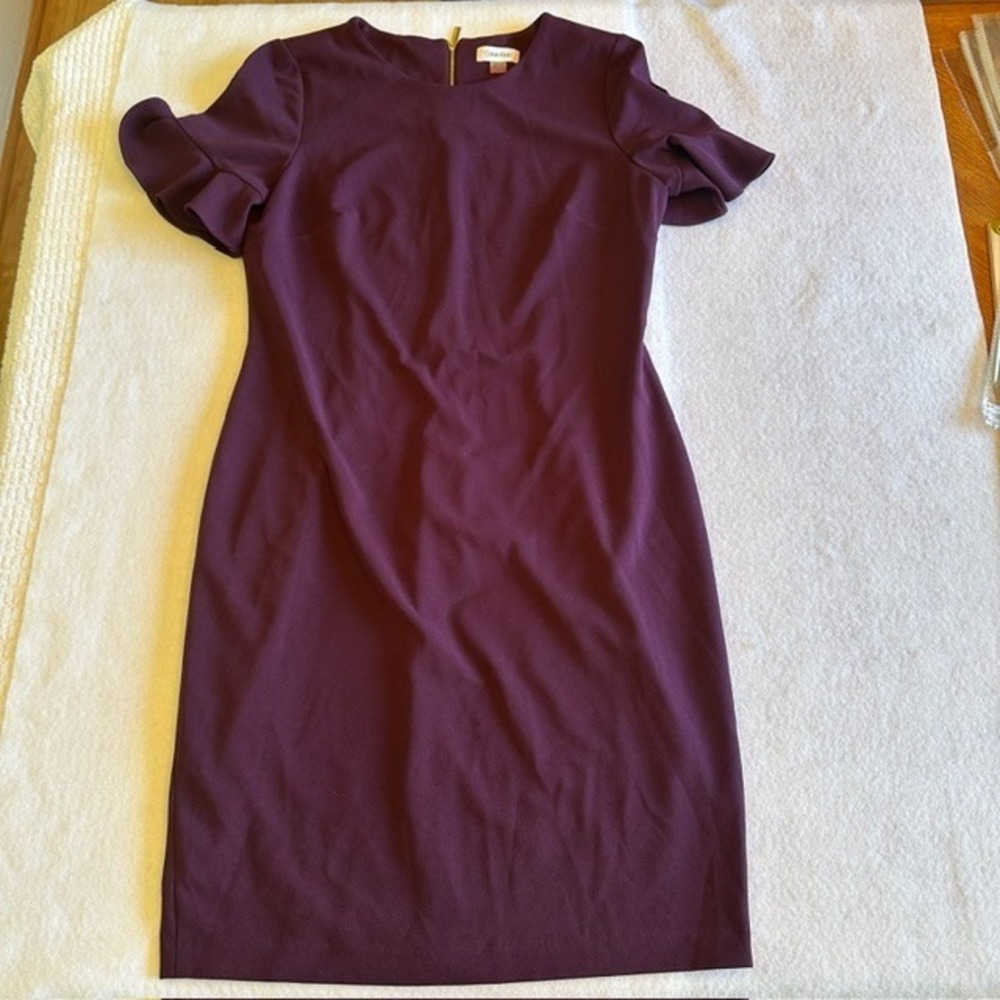 Calvin Klein Purple Sheath Dress Ruffle Size 12 Short Sleeve Work Formal Event